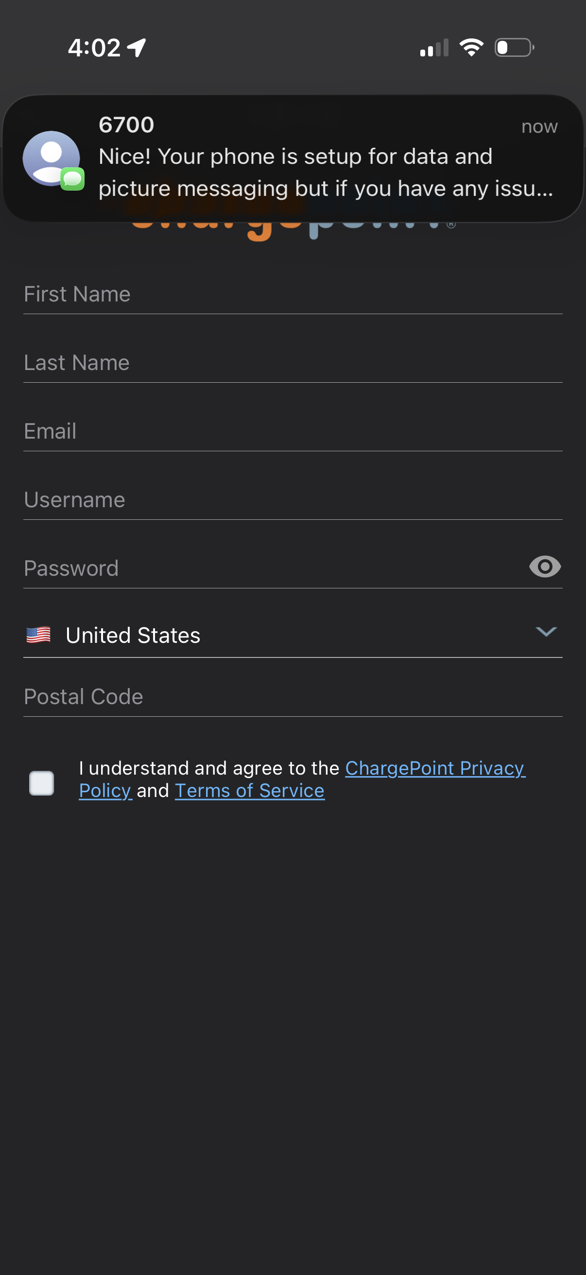 chargepoint signup screenshot